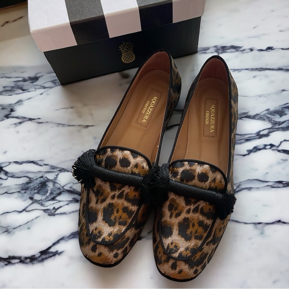 Aquazzura Firenze Jaquard Leopard Print Caramel Moccasin Business Casual Flats